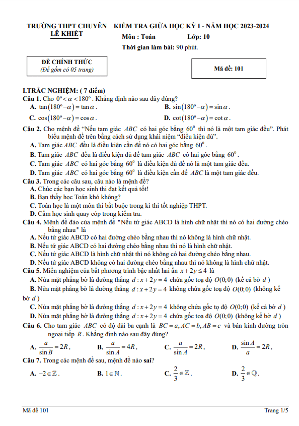 Đề giữa kỳ 1 Toán 10 năm 2023 – 2024 trường chuyên Lê Khiết – Quảng Ngãi