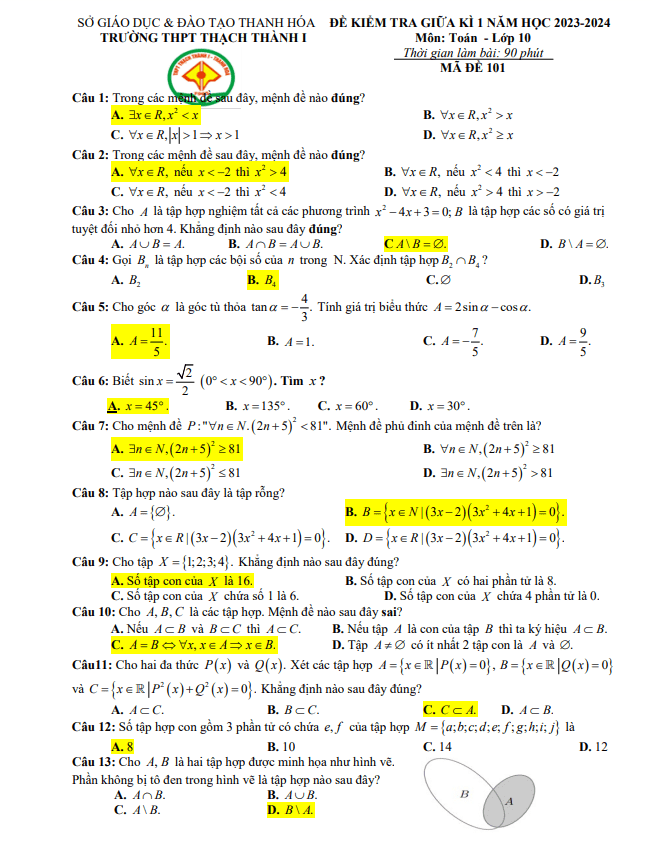 Đề giữa kỳ 1 Toán 10 năm 2023 – 2024 trường THPT Thạch Thành 1 – Thanh Hóa