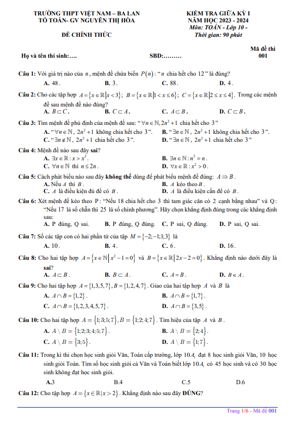 Đề giữa kỳ 1 Toán 10 năm 2023 – 2024 trường THPT Việt Nam – Ba Lan – Hà Nội