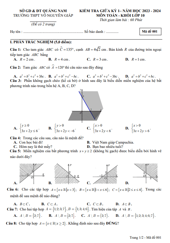 Đề giữa kỳ 1 Toán 10 năm 2023 – 2024 trường THPT Võ Nguyên Giáp – Quảng Nam