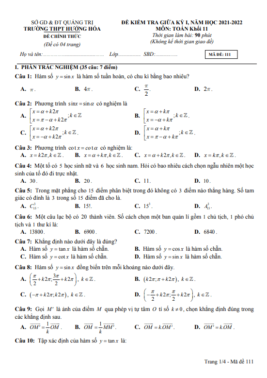 Đề giữa kỳ 1 Toán 11 năm 2021 – 2022 trường THPT Hướng Hóa – Quảng Trị