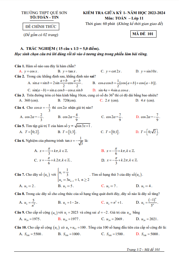 Đề giữa kỳ 1 Toán 11 năm 2023 – 2024 trường THPT Quế Sơn – Quảng Nam