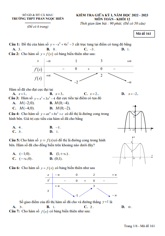 Đề giữa kỳ 1 Toán 12 năm 2022 – 2023 trường THPT Phan Ngọc Hiển – Cà Mau