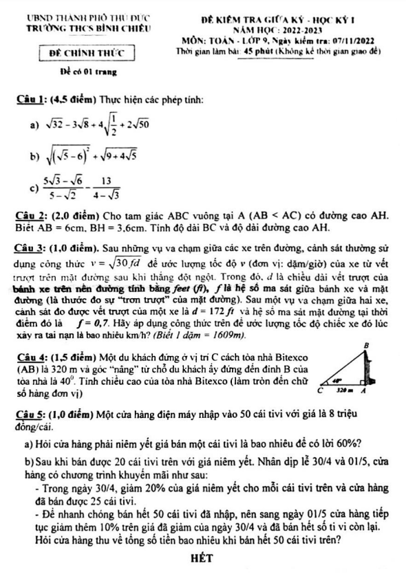 Đề giữa kỳ 1 Toán 9 năm 2022 – 2023 trường THCS Bình Chiểu – TP HCM