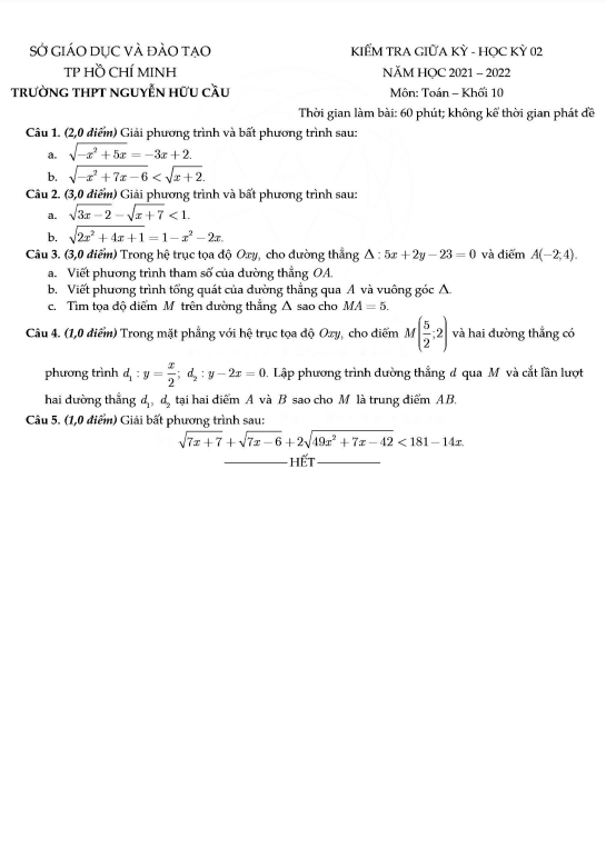 Đề giữa kỳ 2 Toán 10 năm 2021 – 2022 trường THPT Nguyễn Hữu Cầu – TP HCM