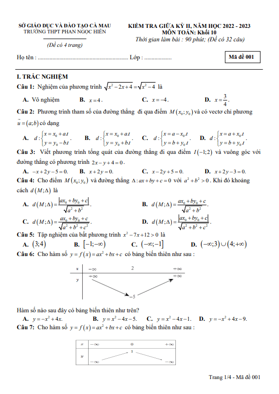 Đề giữa kỳ 2 Toán 10 năm 2022 – 2023 trường THPT Phan Ngọc Hiển – Cà Mau