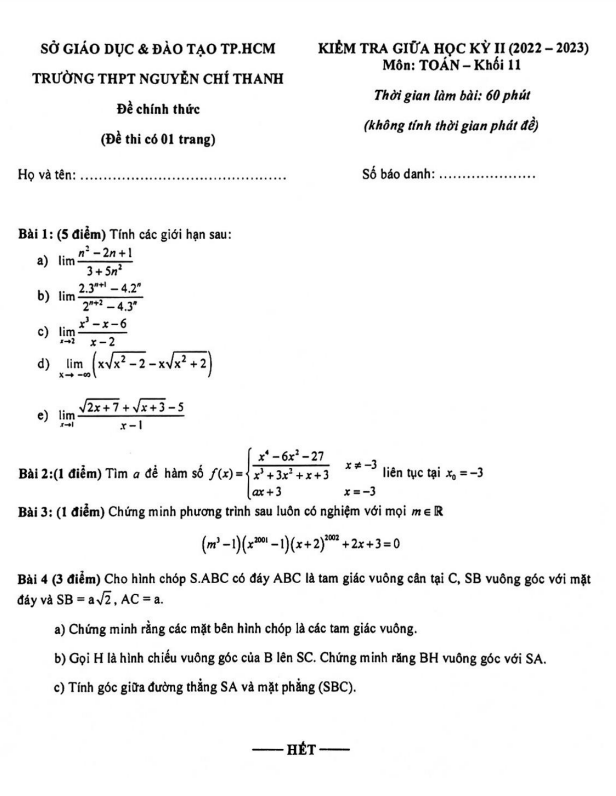 Đề giữa kỳ 2 Toán 11 năm 2022 – 2023 trường THPT Nguyễn Chí Thanh – TP HCM