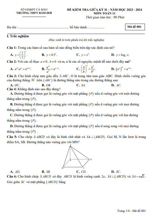 Đề giữa kỳ 2 Toán 11 năm 2023 – 2024 trường THPT Đầm Dơi – Cà Mau