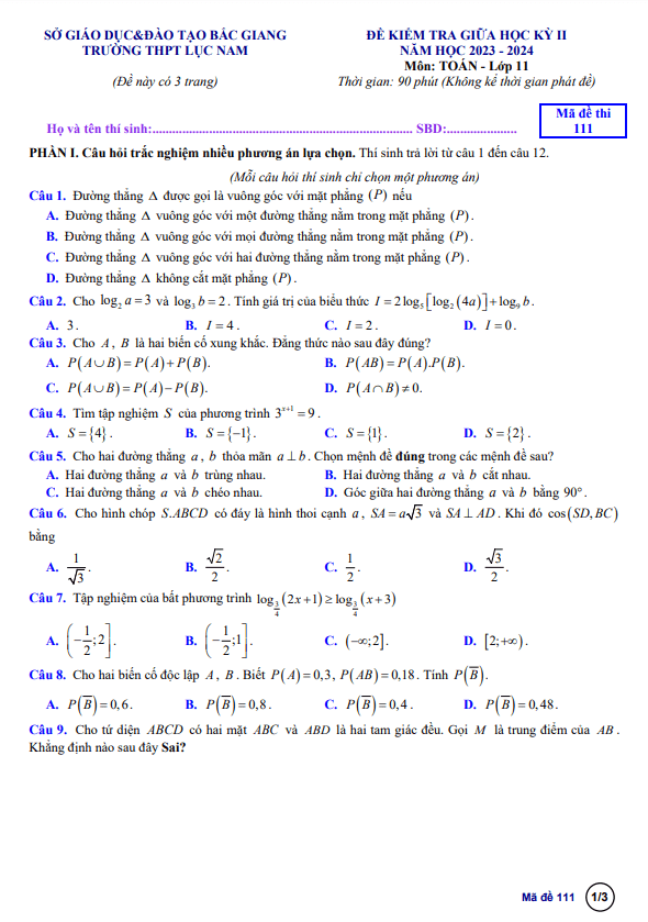 Đề giữa kỳ 2 Toán 11 năm 2023 – 2024 trường THPT Lục Nam – Bắc Giang