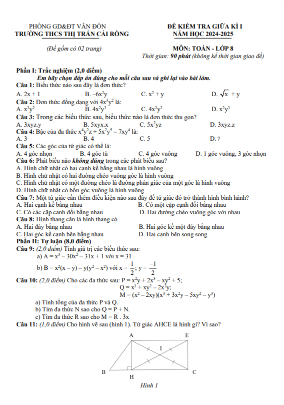 Đề GK1 Toán 8 năm 2024 – 2025 trường THCS thị trấn Cái Rồng – Quảng Ninh