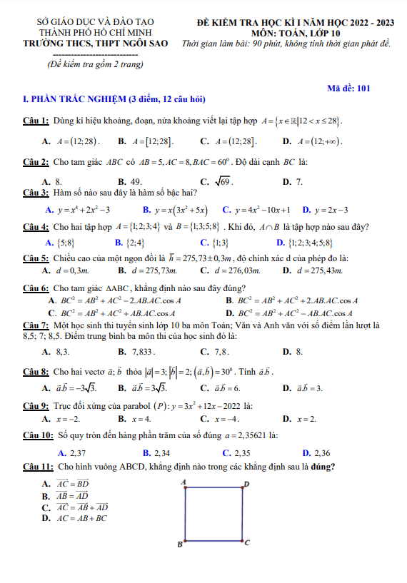 Đề học kì 1 Toán 10 năm 2022 – 2023 trường THCS&THPT Ngôi Sao – TP HCM