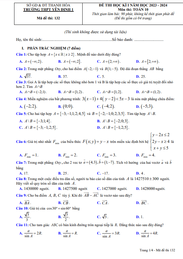 Đề học kì 1 Toán 10 năm 2023 – 2024 trường THPT Yên Định 1 – Thanh Hóa