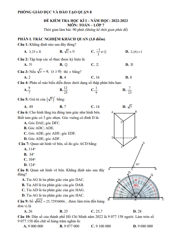 Đề học kì 1 Toán 7 năm 2022 – 2023 phòng GD&ĐT quận 8 – TP HCM