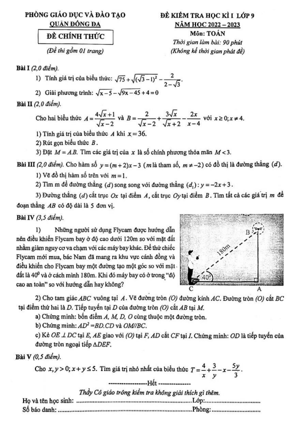 Đề học kì 1 Toán 9 năm 2022 – 2023 phòng GD&ĐT Đống Đa – Hà Nội