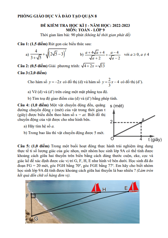 Đề học kì 1 Toán 9 năm 2022 – 2023 phòng GD&ĐT quận 8 – TP HCM