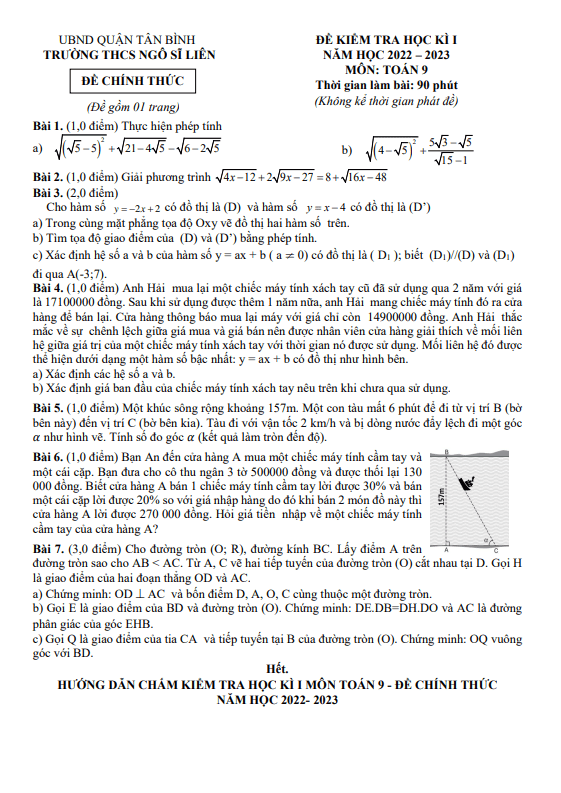 Đề học kì 1 Toán 9 năm 2022 – 2023 trường THCS Ngô Sĩ Liên – TP HCM