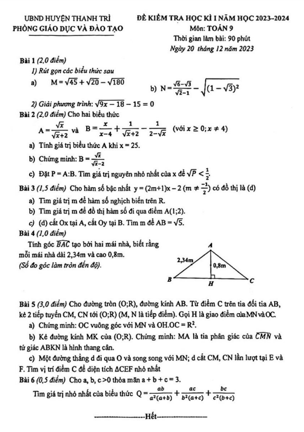 Đề học kì 1 Toán 9 năm 2023 – 2024 phòng GD&ĐT Thanh Trì – Hà Nội