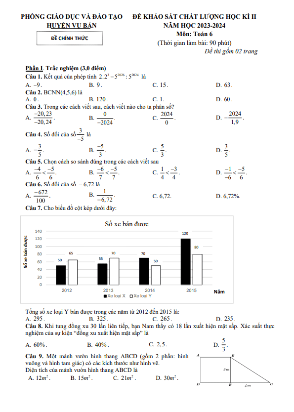 Đề học kì 2 Toán 6 năm 2023 – 2024 phòng GD&ĐT Vụ Bản – Nam Định