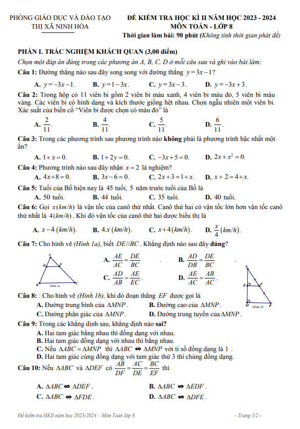 Đề học kì 2 Toán 8 năm 2023 – 2024 phòng GD&ĐT Ninh Hòa – Khánh Hòa