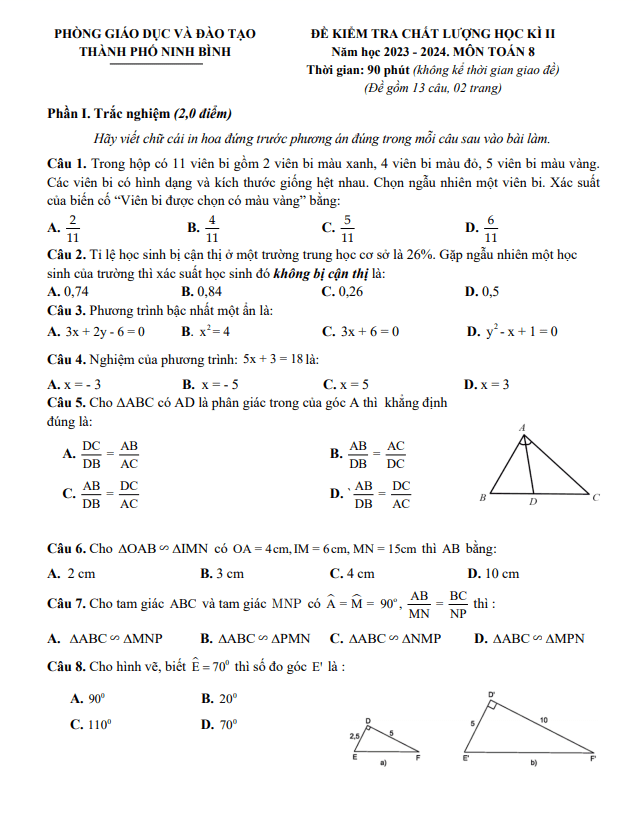 Đề học kì 2 Toán 8 năm 2023 – 2024 phòng GD&ĐT thành phố Ninh Bình