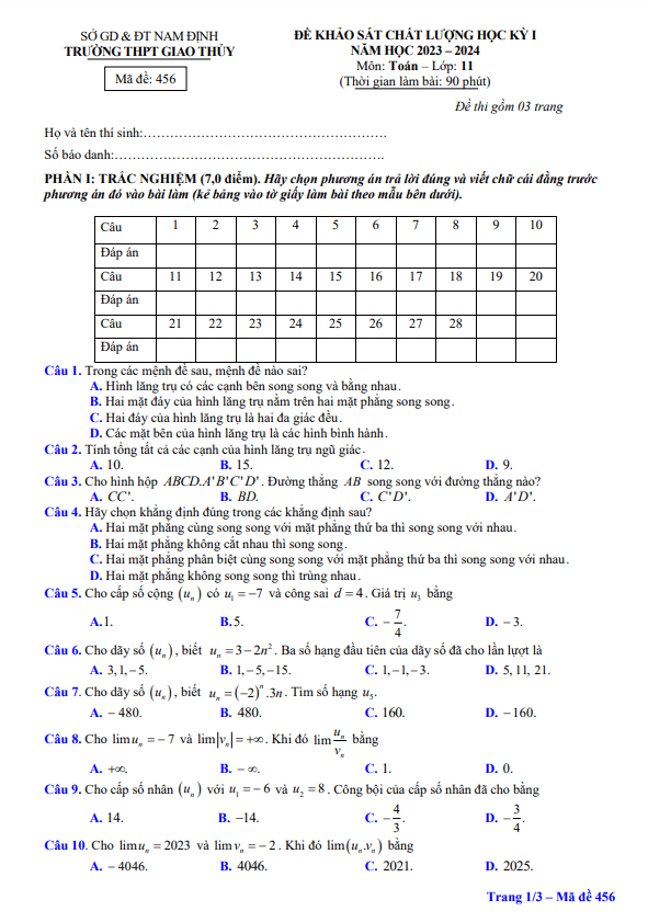 Đề học kỳ 1 Toán 11 năm 2023 – 2024 trường THPT Giao Thủy – Nam Định