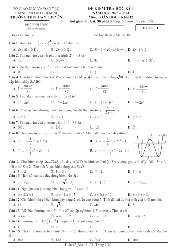 Đề học kỳ 1 Toán 12 năm 2023 – 2024 trường THPT Hàn Thuyên – TP HCM