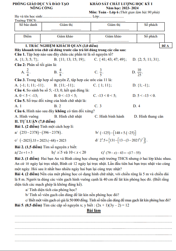 Đề học kỳ 1 Toán 6 năm 2023 – 2024 phòng GD&ĐT Nông Cống – Thanh Hóa