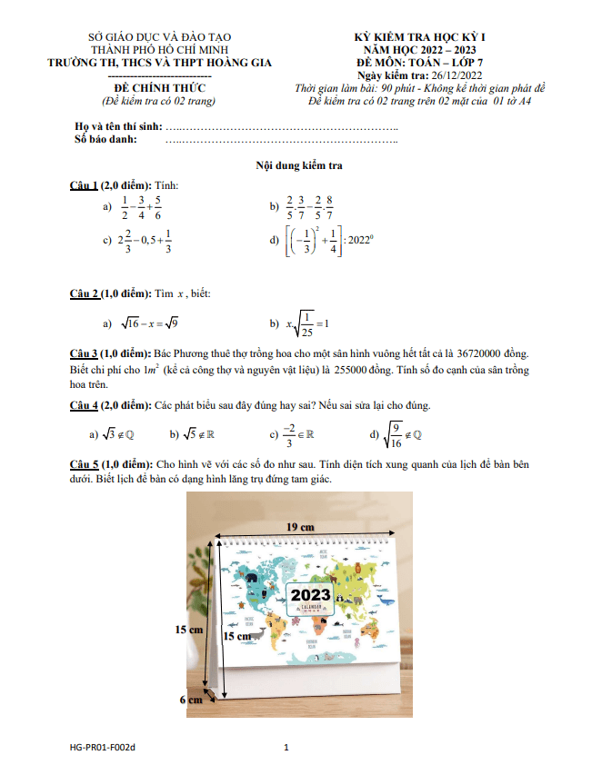 Đề học kỳ 1 Toán 7 năm 2022 – 2023 trường Hoàng Gia – TP HCM