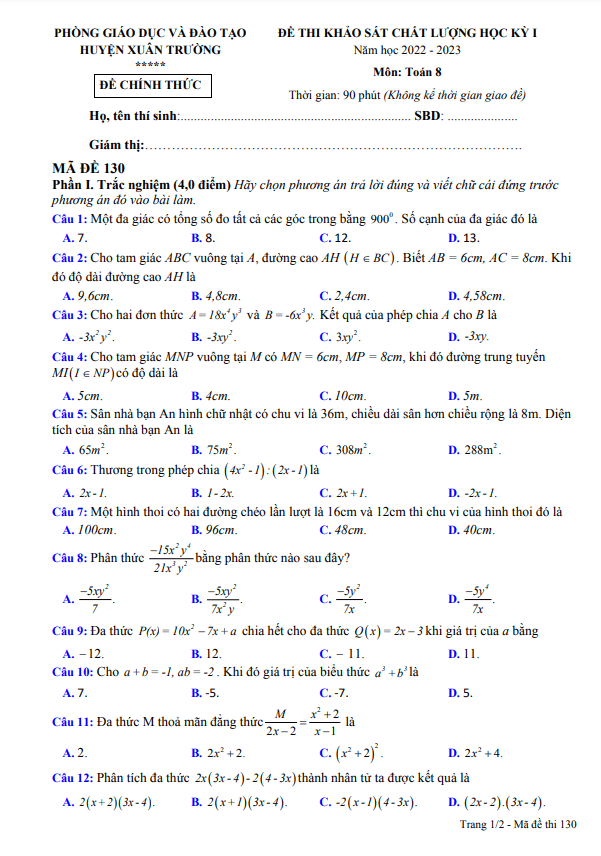 Đề học kỳ 1 Toán 8 năm 2022 – 2023 phòng GD&ĐT Xuân Trường – Nam Định