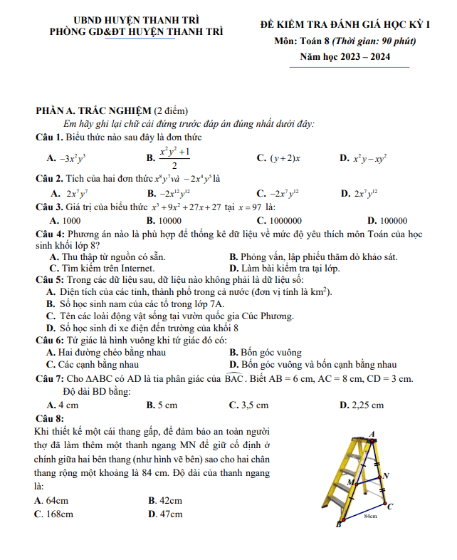 Đề học kỳ 1 Toán 8 năm 2023 – 2024 phòng GD&ĐT Thanh Trì – Hà Nội
