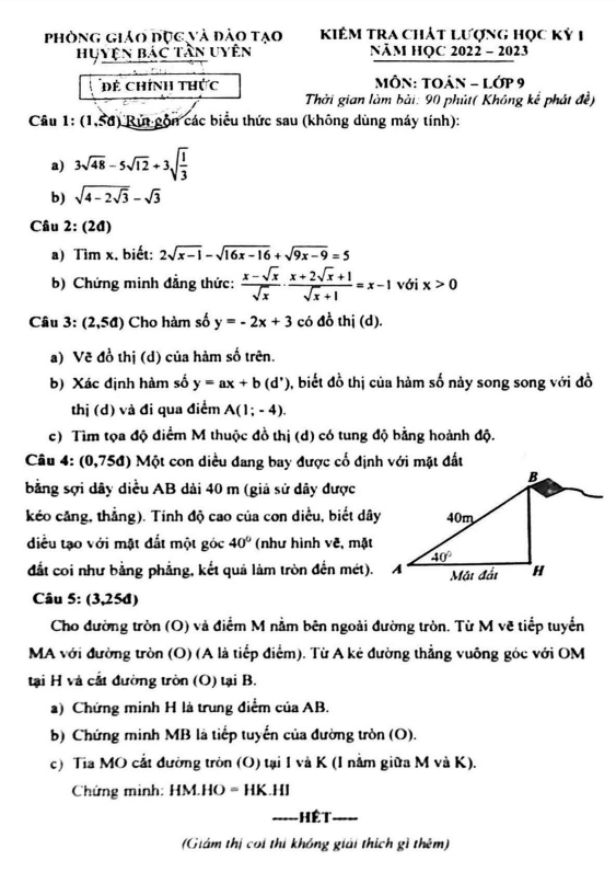 Đề học kỳ 1 Toán 9 năm 2022 – 2023 phòng GD&ĐT Bắc Tân Uyên – Bình Dương