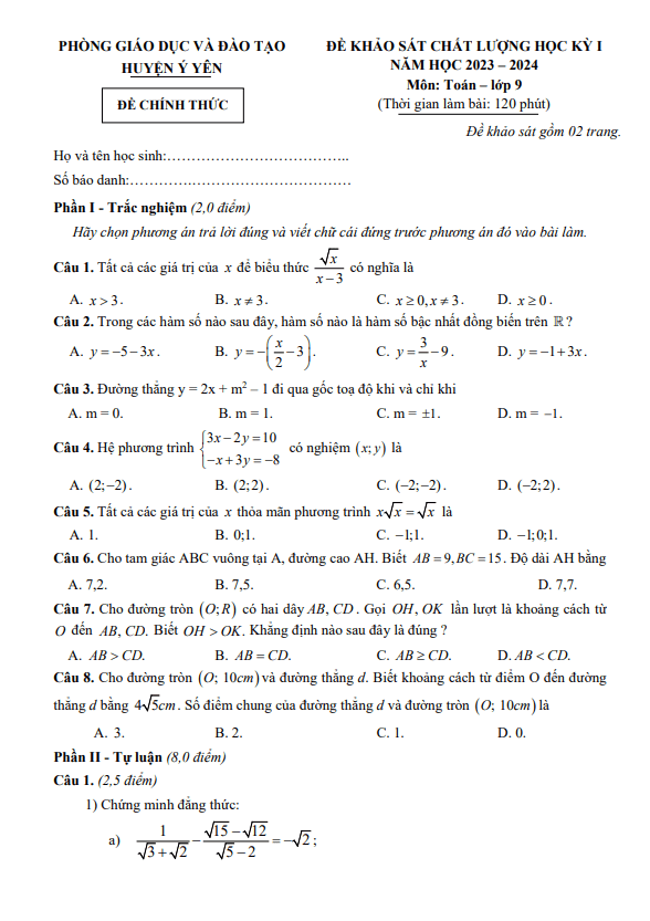 Đề học kỳ 1 Toán 9 năm 2023 – 2024 phòng GD&ĐT Ý Yên – Nam Định
