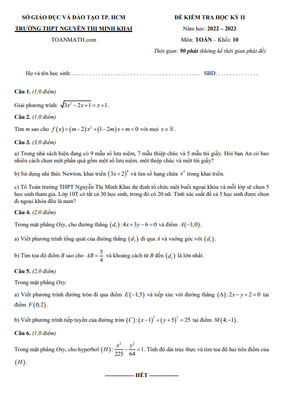 Đề học kỳ 2 Toán 10 năm 2022 – 2023 trường THPT Nguyễn Thị Minh Khai – TP HCM