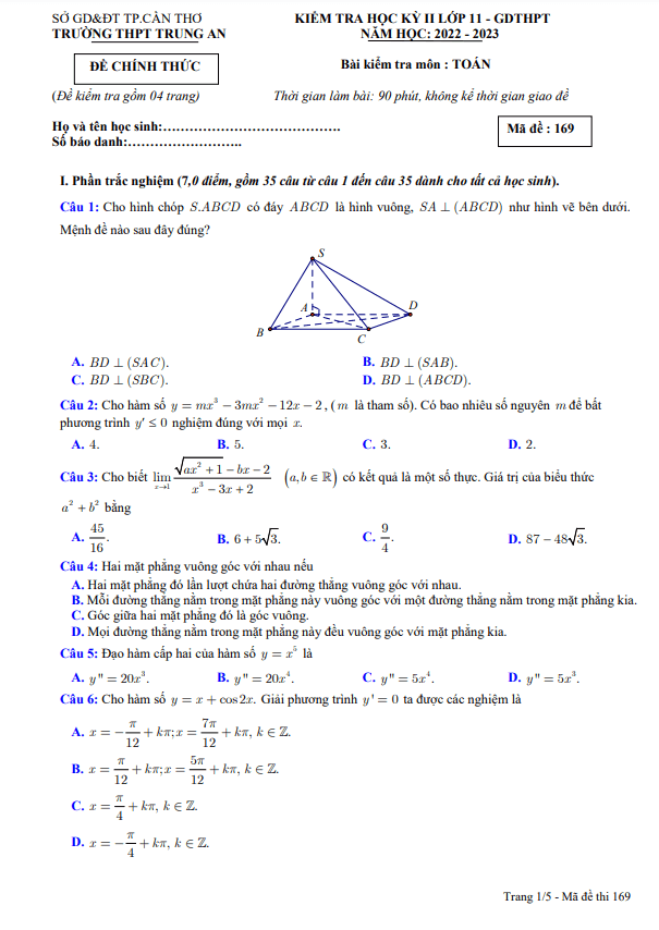 Đề học kỳ 2 Toán 11 năm 2022 – 2023 trường THPT Trung An – Cần Thơ