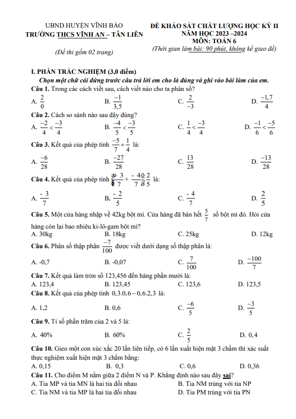 Đề học kỳ 2 Toán 6 năm 2023 – 2024 trường THCS Vĩnh An – Tân Liên – Hải Phòng