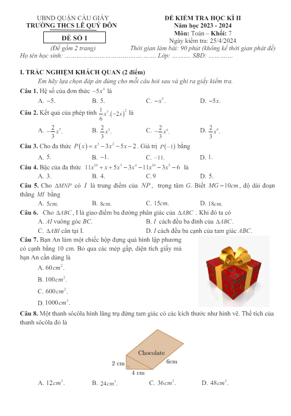 Đề học kỳ 2 Toán 7 năm 2023 – 2024 trường THCS Lê Quý Đôn – Hà Nội