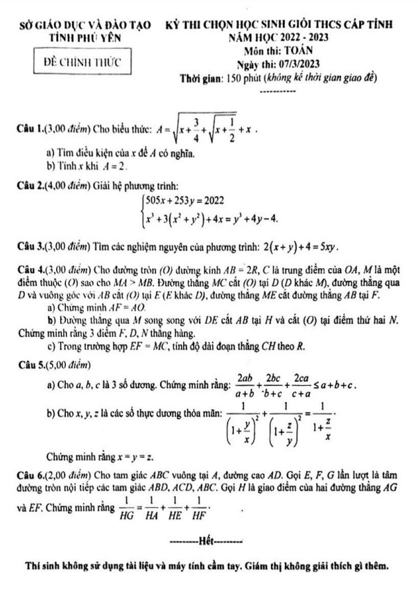 Đề học sinh giỏi cấp tỉnh Toán THCS năm 2022 – 2023 sở GD&ĐT Phú Yên