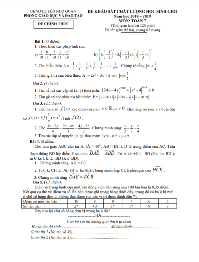 Đề học sinh giỏi huyện Toán 7 năm 2018 – 2019 phòng GD&ĐT Nho Quan – Ninh Bình