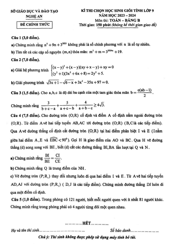Đề học sinh giỏi tỉnh Toán 9 năm 2023 – 2024 sở GD&ĐT Nghệ An