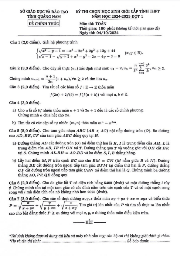 Đề học sinh giỏi tỉnh Toán THPT năm 2024 – 2025 đợt 1 sở GD&ĐT Quảng Nam