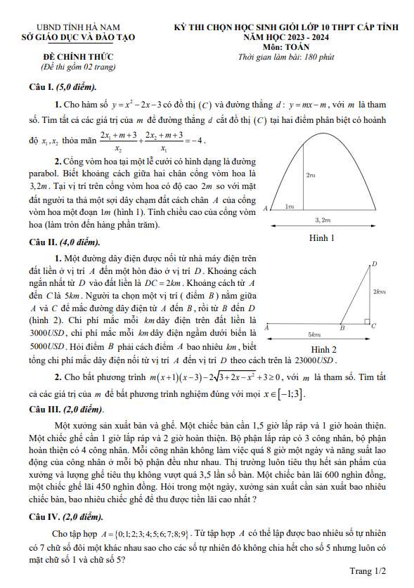 Đề học sinh giỏi Toán 10 cấp tỉnh năm 2023 – 2024 sở GD&ĐT Hà Nam