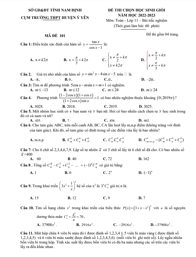 Đề học sinh giỏi Toán 11 năm 2022 – 2023 cụm THPT huyện Ý Yên – Nam Định