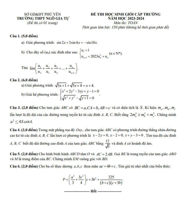 Đề học sinh giỏi Toán 11 năm 2023 – 2024 trường THPT Ngô Gia Tự – Phú Yên