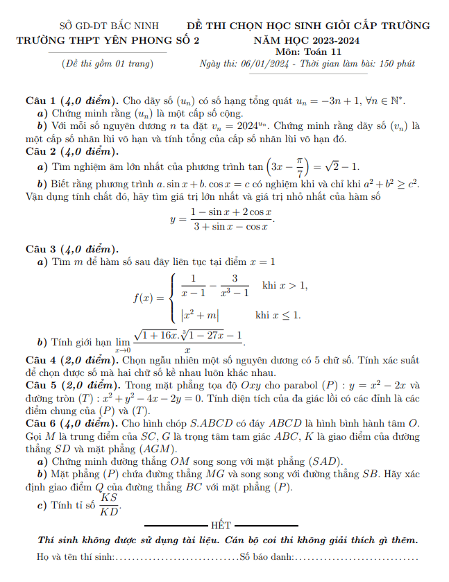Đề học sinh giỏi Toán 11 năm 2023 – 2024 trường THPT Yên Phong 2 – Bắc Ninh