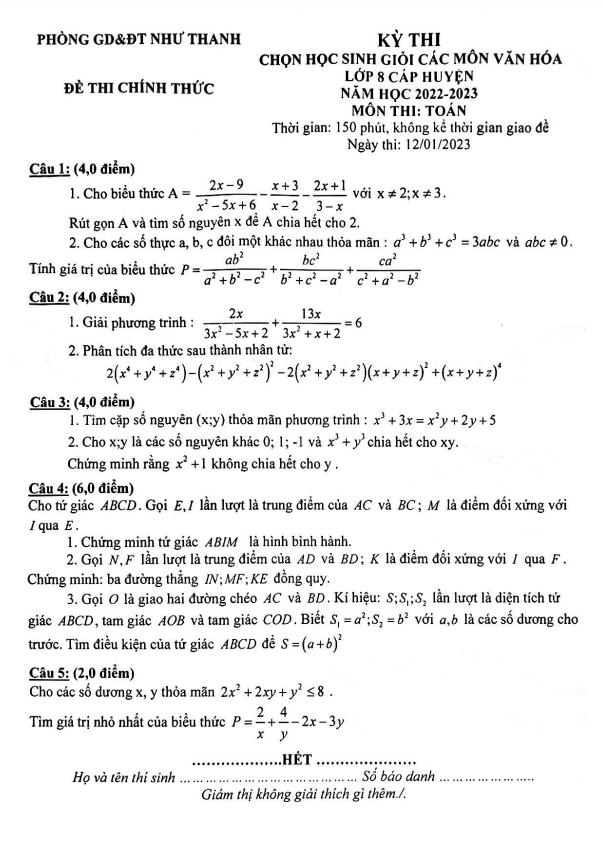 Đề học sinh giỏi Toán 8 năm 2022 – 2023 phòng GD&ĐT Như Thanh – Thanh Hoá