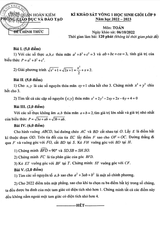 Đề học sinh giỏi Toán 9 năm 2022 – 2023 phòng GD&ĐT Hoàn Kiếm – Hà Nội (vòng 1)