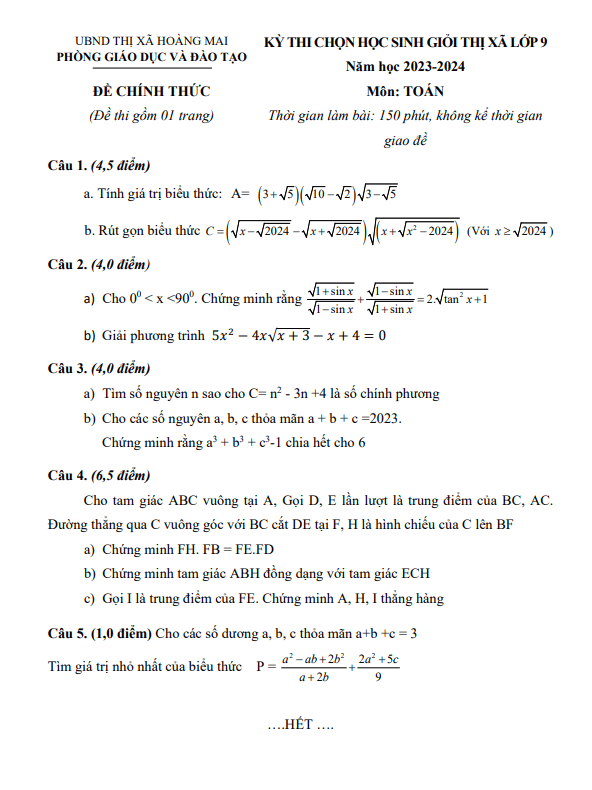 Đề học sinh giỏi Toán 9 năm 2023 – 2024 phòng GD&ĐT Hoàng Mai – Nghệ An