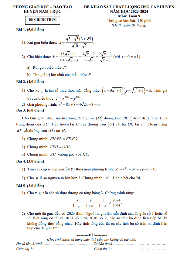 Đề HSG cấp huyện Toán 9 năm 2023 – 2024 phòng GD&ĐT Nam Trực – Nam Định