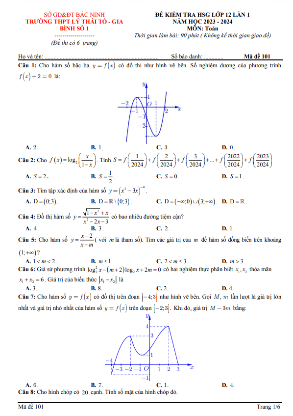 Đề HSG Toán 12 lần 1 năm 2023 – 2024 THPT Lý Thái Tổ & Gia Bình 1 – Bắc Ninh