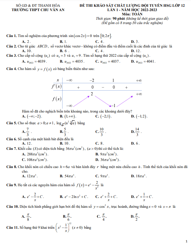 Đề HSG Toán 12 năm 2022 – 2023 lần 1 trường THPT Chu Văn An – Thanh Hóa